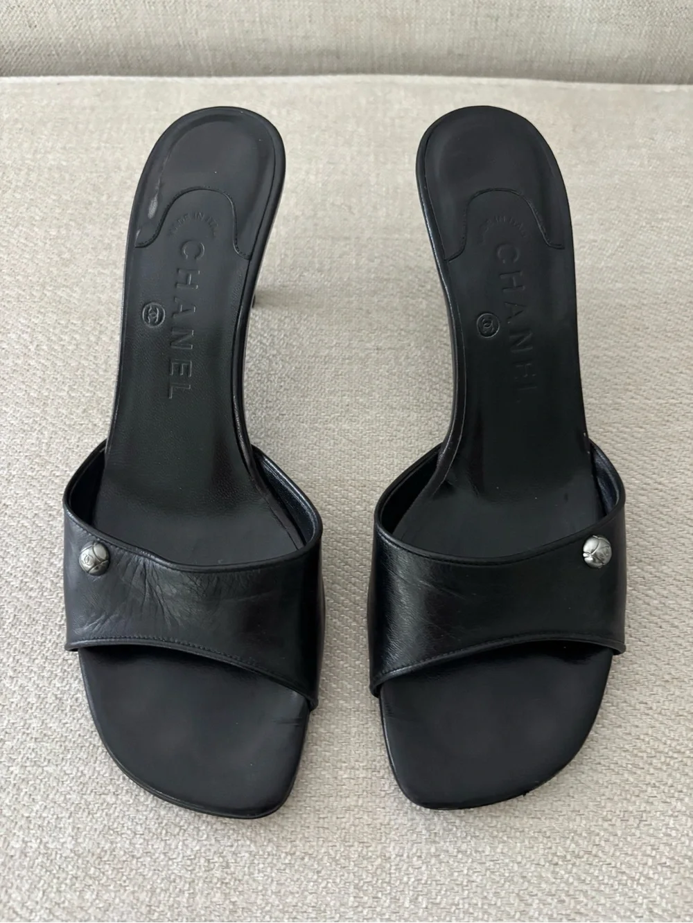 Chanel Black Camellia Mules